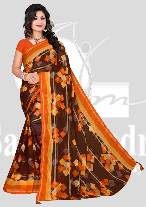 Wetless Printed Saree with Satin Patta & Piping - BW - Brown/Orange Mix